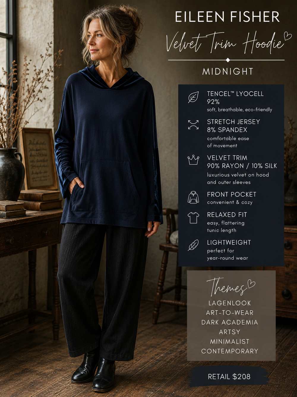 Eileen Fisher Women’s S Midnight Velvet Trim Hooded Tunic Hoodie Lagenlook